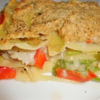 Rezepte für Lasagne Fisch,Garnelen mit Lauch und Paprika